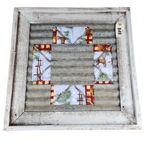 Rustic wood framed Tin cutout quilt background wall decor